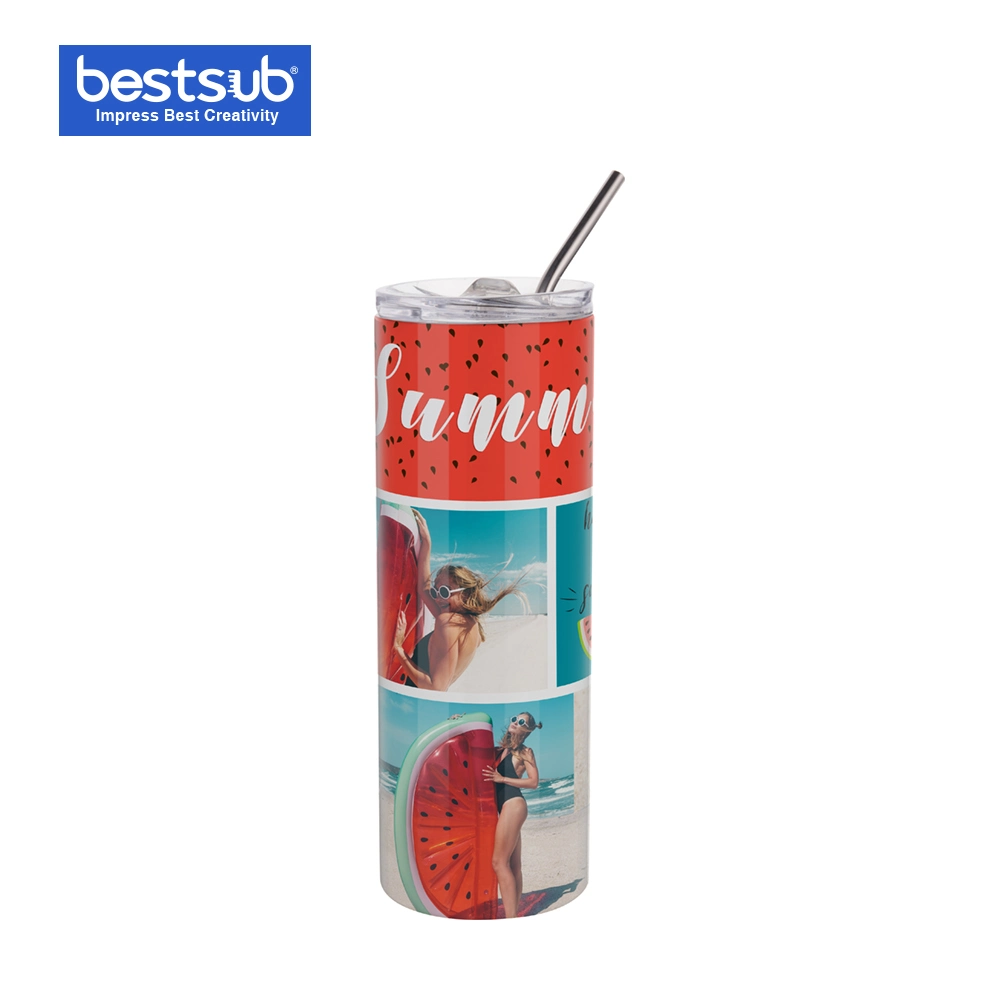 Bestsub Sublimation Wholesale 20oz/600ml Vacuum Flasks Water Coffee Mugs Bottles Stainless Steel Skinny Tumbler with Straw & Lid (White)