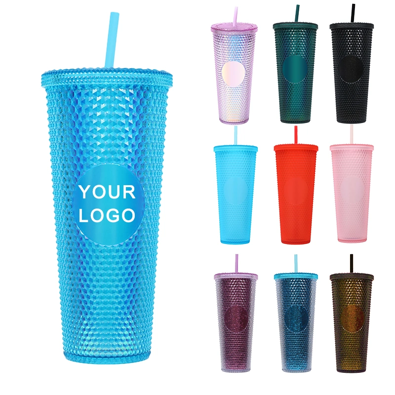 Coffee Mug Plastic Cup 710ml UV Colors Double Wall 24oz Studded Tumbler with Straw